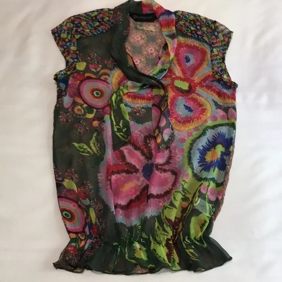 Desigual Sheer Floral Tie V-Neck Blouse S Y2K Cap Sleeve Art Print - Picture 17 of 17